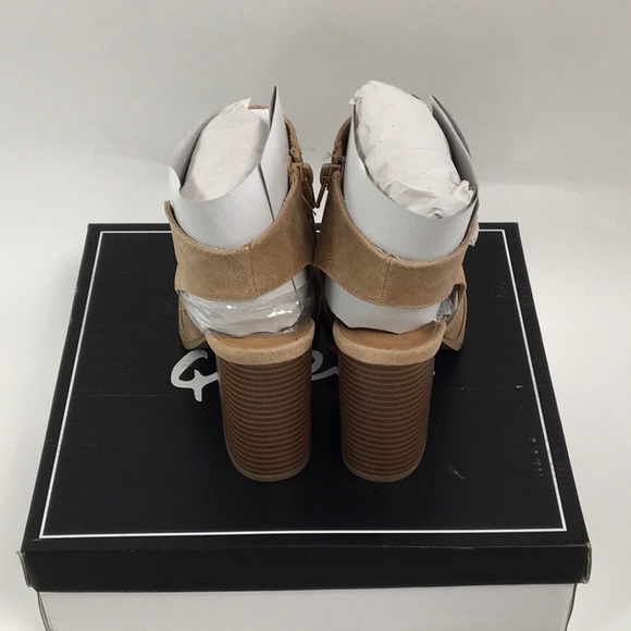 TAN DISTRESS PEEP-TOES BOOTIES - Picture 5 of 8